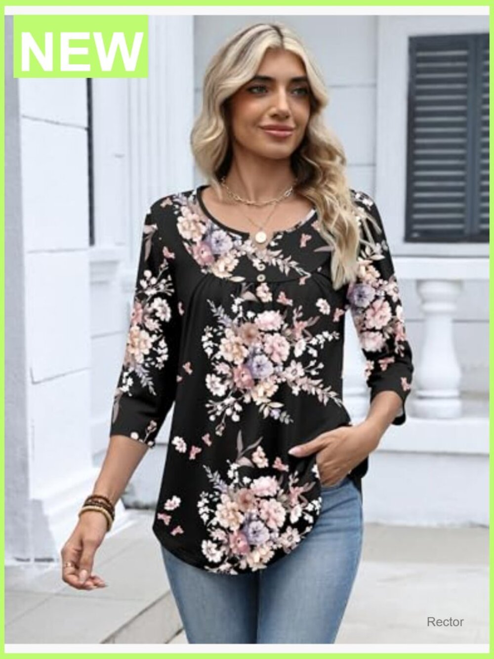 3/4 Sleeve V Neck Tunic Blouse Dressy Casual Work Top - Picture 3 of 7
